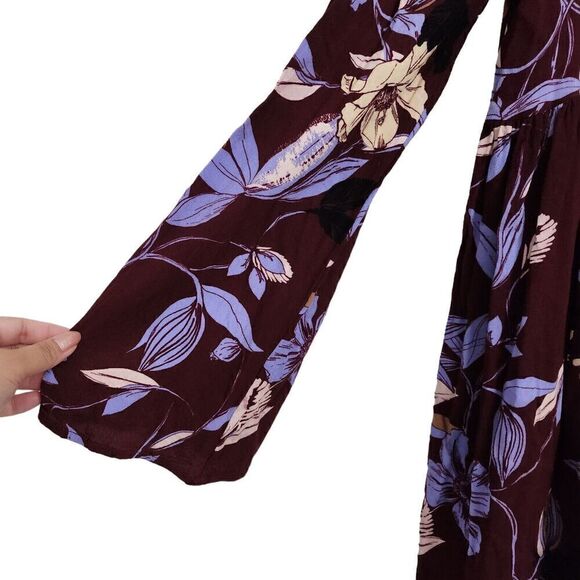 Free People Blouse Small Purple Floral Bella Tunic Top Bell‎ Sleeve Flowy Boho - Picture 4 of 11